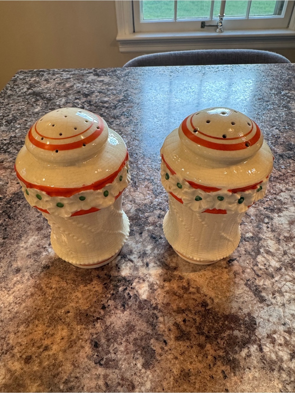 Vintage Japanese White Ceramic Salt and Pepper Shaker Set w/ Reddish/Orange Trim